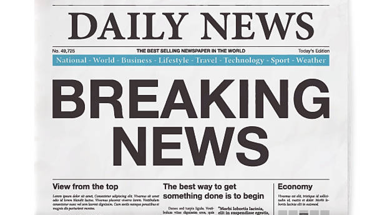 Newspaper headline : "BREAKING NEWS". Realistic newspaper isolated on blank background.