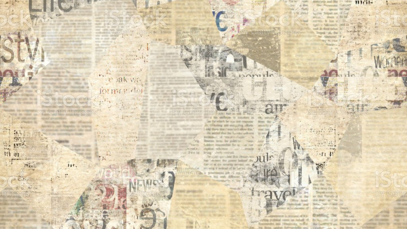 Newspaper paper grunge aged newsprint pattern background. Vintage old newspapers template texture. Unreadable news horizontal page with place for text, images. Sepia yellow brown art collage.
